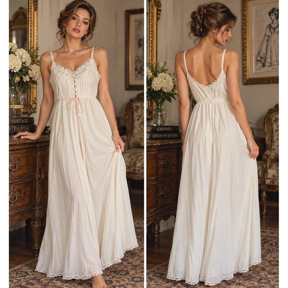 Vintage Victorian Style Lace Maxi Nightgown Peach Pintuck Ribbon Chemise Dress